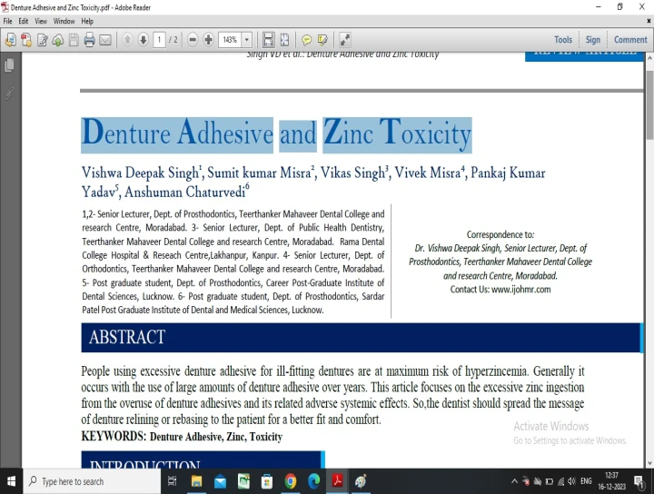Denture Adhesive and Zinc ToxicitySDCINDIA